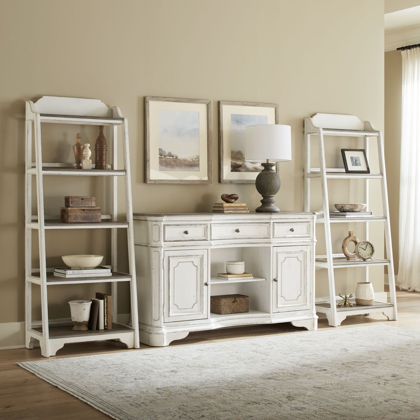 Magnolia Manor - 3 Piece Home Office Set (2 Leaning Pier Bookcase 1 Server)- White